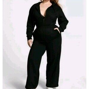 PINK Victoria's Secret Black Fleece Hoodie One-Piece Jumpsuit Size L